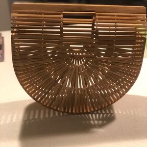 Tan Large Wooden Structured Clutch Bag